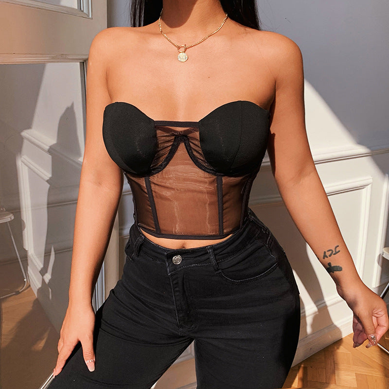 Haut corset maille transparent dos lacet sexy - Chic&Shines
