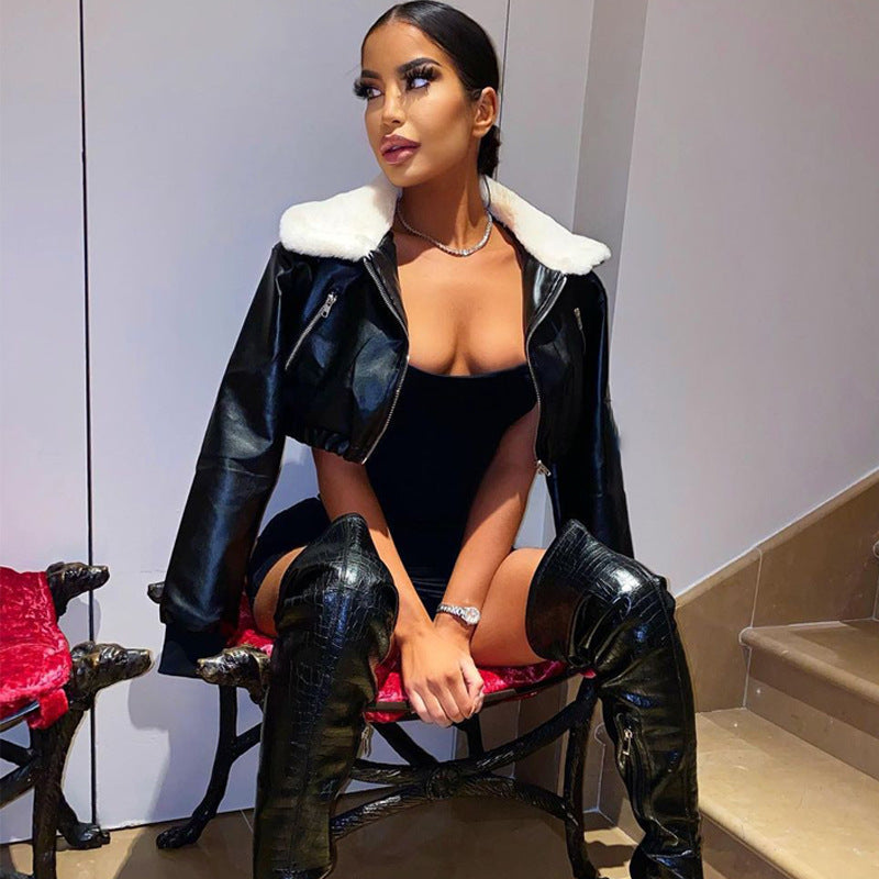 Blouson hiver court vintage polaire doublé zipper coupé revers - Chic&Shines