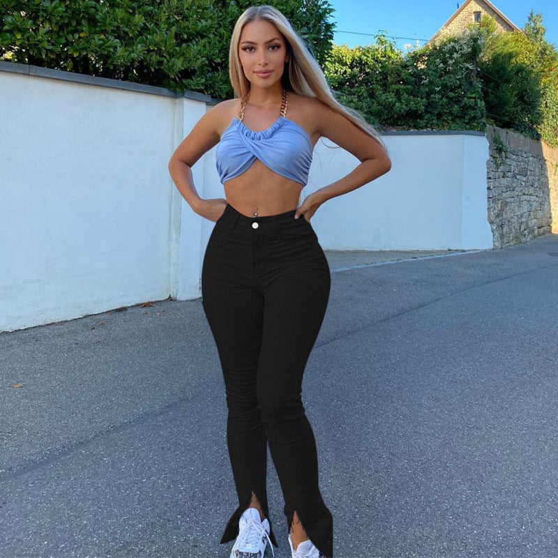 Jeans taille haute créative fente latérale cheville - Chic&Shines