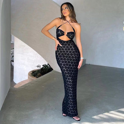 Robe longue licou en maille transparente motif fleur - Chic&Shines