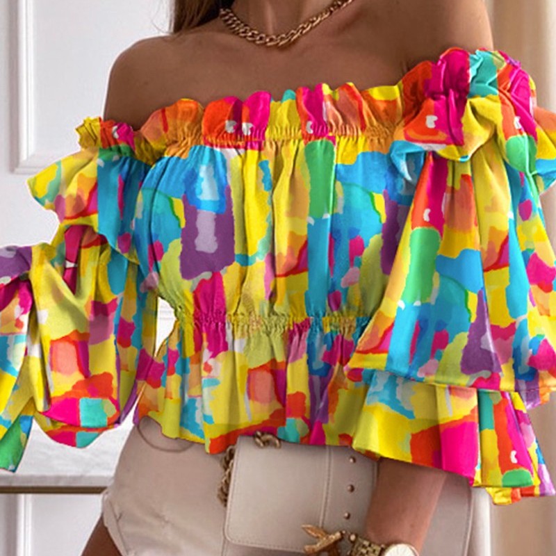 Haut bustier manches longues ébouriffées imprimé - Chic&Shines