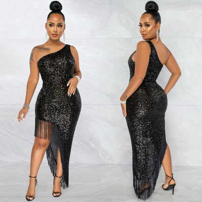 Robe moulante de soirée pailleté une épaule oblique irrégulier fendu tassel - Chic&Shines