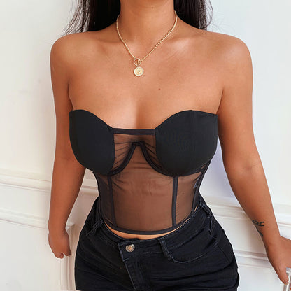 Haut corset maille transparent dos lacet sexy - Chic&Shines