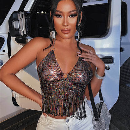 Haut court licou à chaîne col V dos nu en strass - Chic&Shines