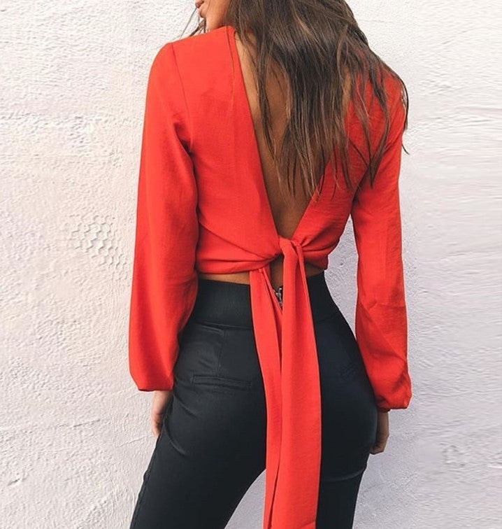 Chemisier col V manche longue lanterne dos nu noué - Chic&Shines