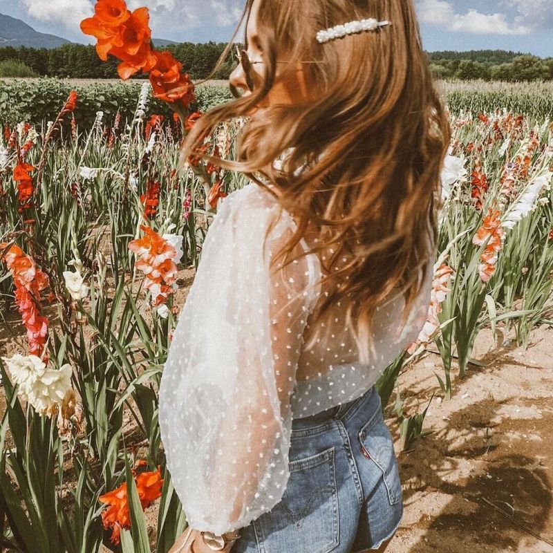 Chemisier manches longues bouffantes maille transparente - Chic&Shines