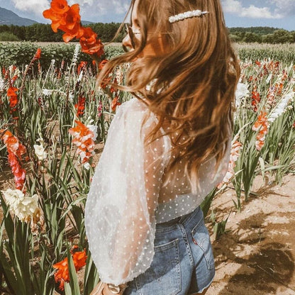 Chemisier manches longues bouffantes maille transparente - Chic&Shines