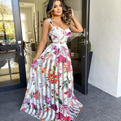 Robe longue à bretelle en maille transparente imprimé fleur - Chic&Shines