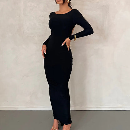 Robe longue de soirée dos nu manches longues taille haute - Chic&Shines