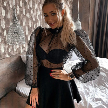 Chemisier manches longues bouffantes maille transparente - Chic&Shines