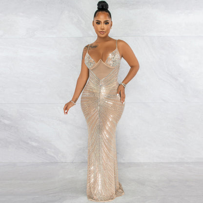 Robe longue col V fine bretelles en maille transparente de soirée nuptiale pailletées - Chic&Shines