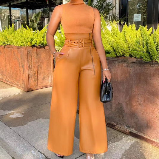 Pantalon taille haute jambes larges simili cuir - Chic&Shines