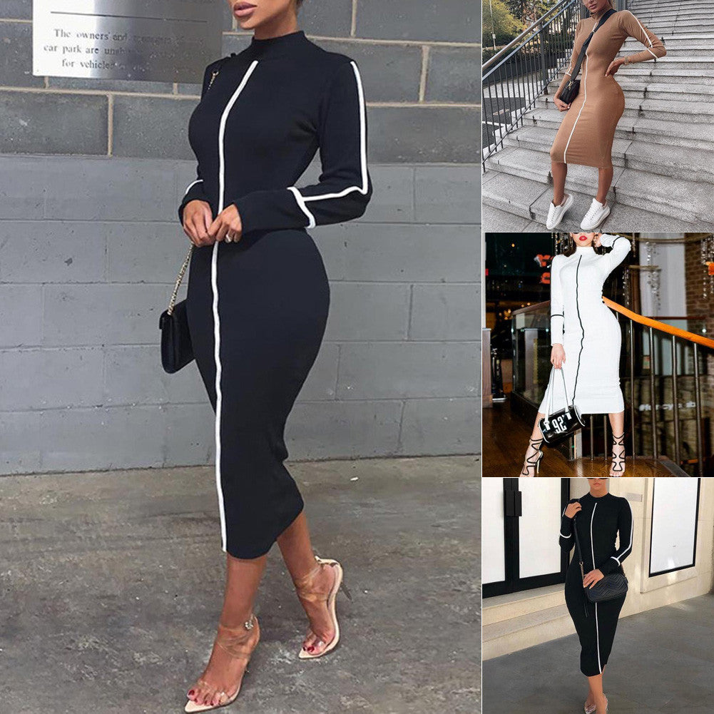 Robe mi-longue moulante à col rond manches longues sexy décontractée - Chic&Shines