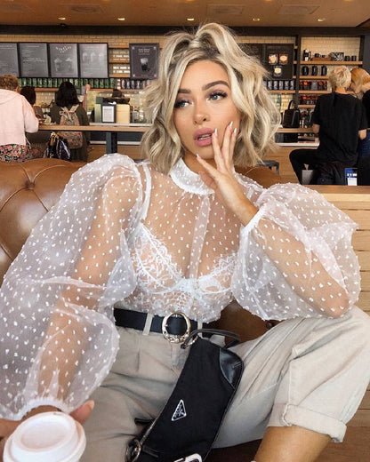 Chemisier manches longues bouffantes maille transparente - Chic&Shines