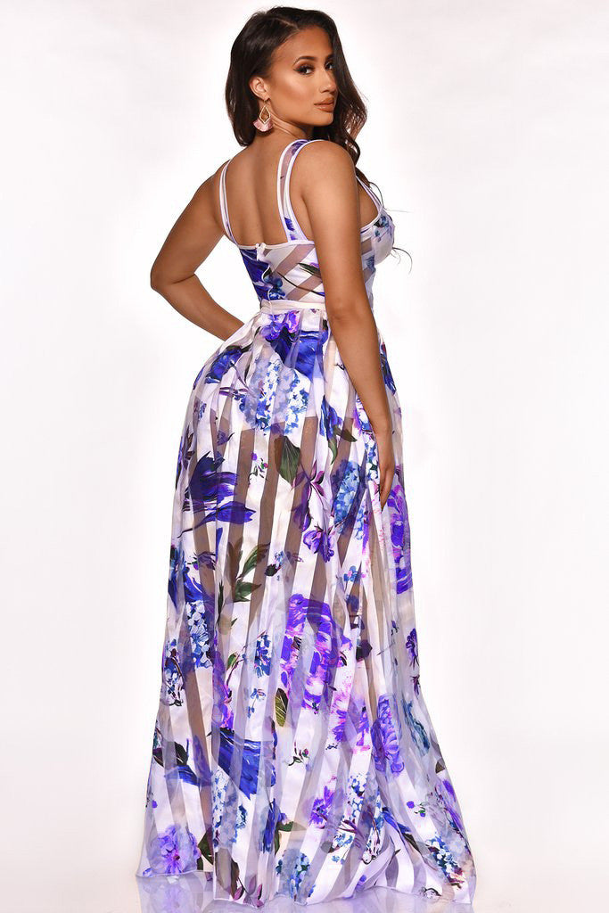 Robe longue à bretelle en maille transparente imprimé fleur - Chic&Shines