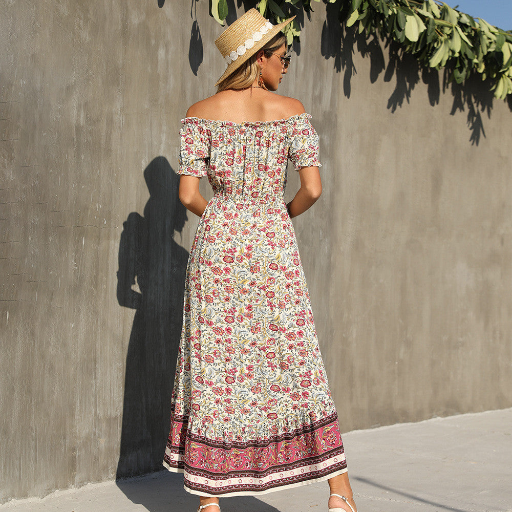 Robe longue à manches courtes taille haute imprimé florale - Chic&Shines