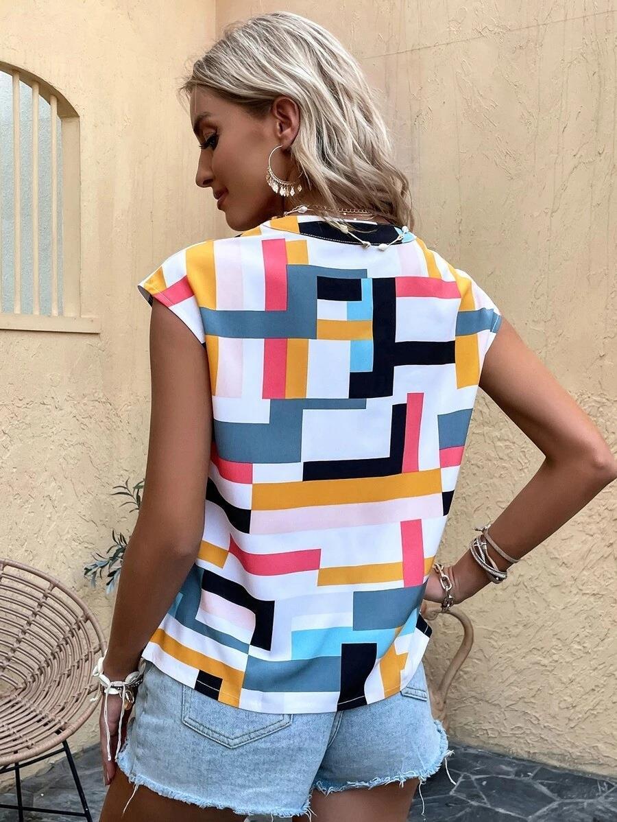 Haut col en V à motif imprimé multicolore - Chic&Shines