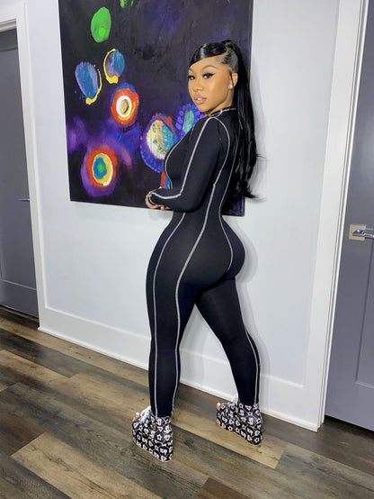 Combinaison pantalon moulante manches longues fermeture éclair - Chic&Shines