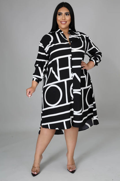 Robe chemise ample mi-longue à manches longues et imprimé - Chic&Shines