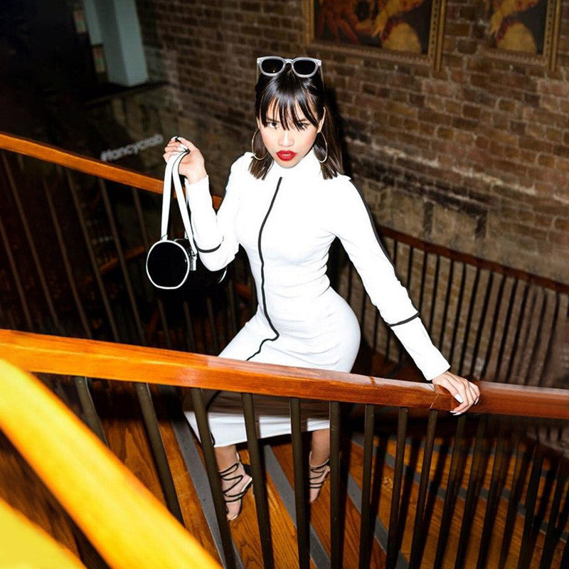 Robe mi-longue moulante à col rond manches longues sexy décontractée - Chic&Shines