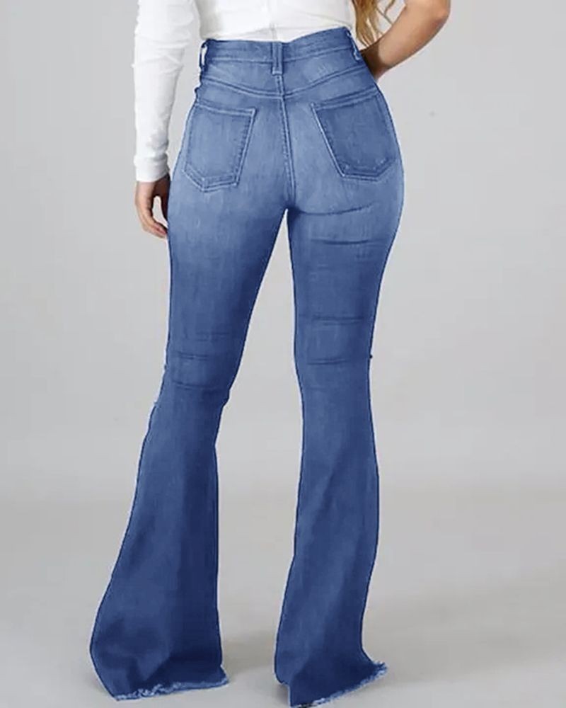 Jeans Évasés Taille Haute Déchirés Élastiques