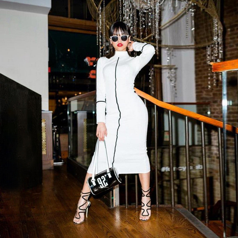 Robe mi-longue moulante à col rond manches longues sexy décontractée - Chic&Shines