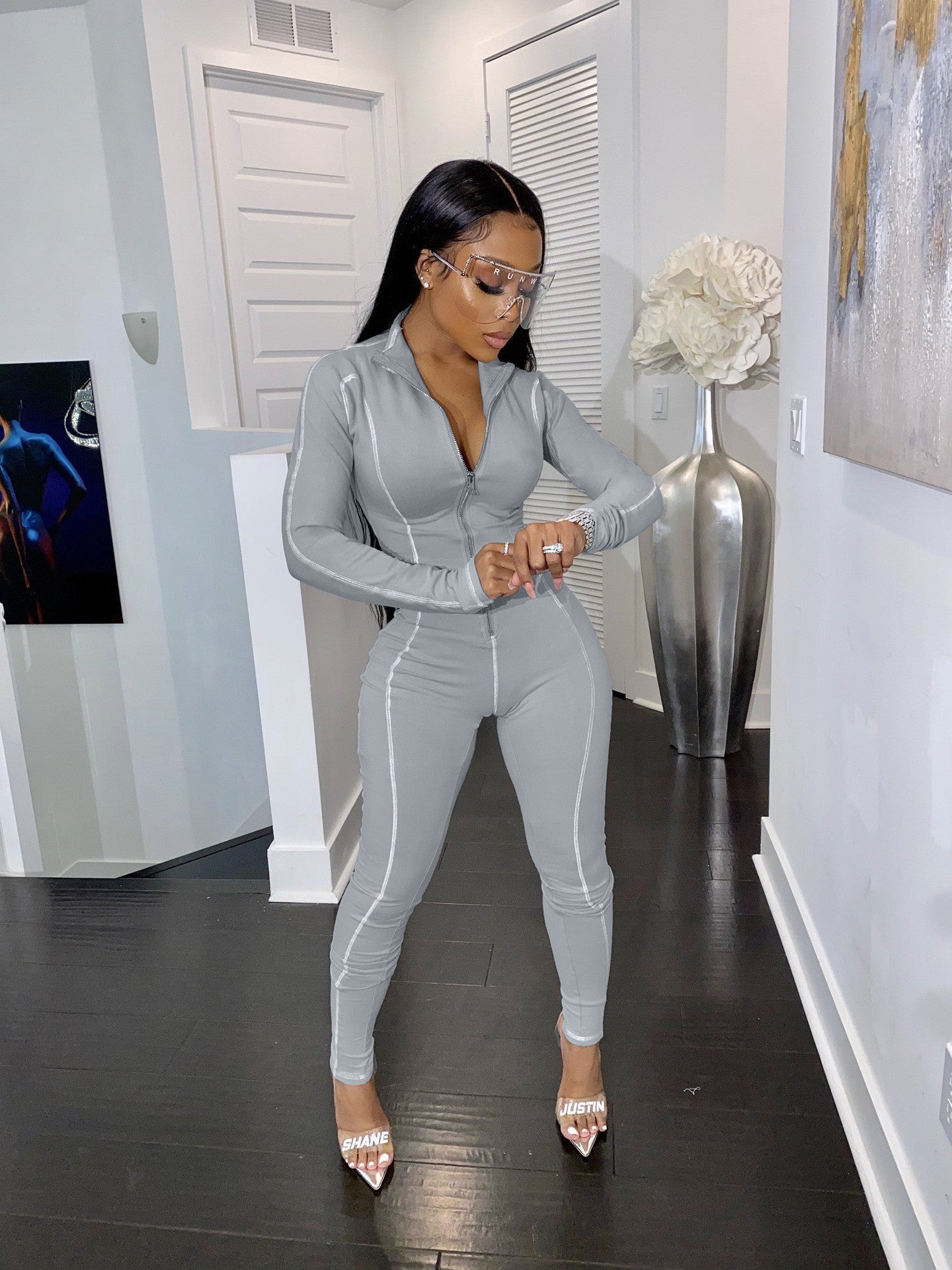 Combinaison pantalon moulante manches longues fermeture éclair - Chic&Shines