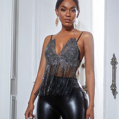 Haut court licou à chaîne col V en maille strass - Chic&Shines