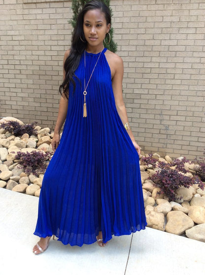 Robe longue plissée mousseline col licou sans manches - Chic&Shines