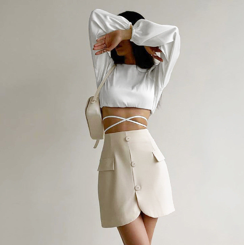 Haut satin col rond manches longues lanterne dos croisé - Chic&Shines