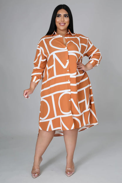 Robe chemise ample mi-longue à manches longues et imprimé - Chic&Shines
