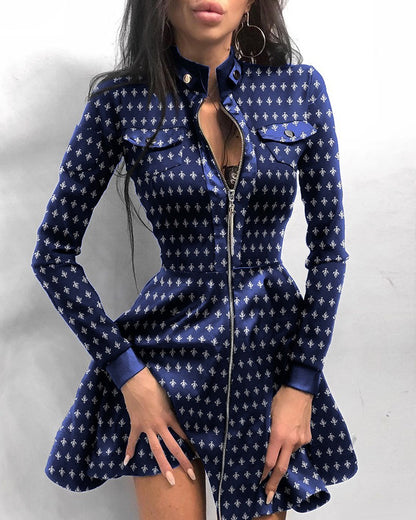 Robe courte manches longues col haut à fermeture éclair - Chic&Shines