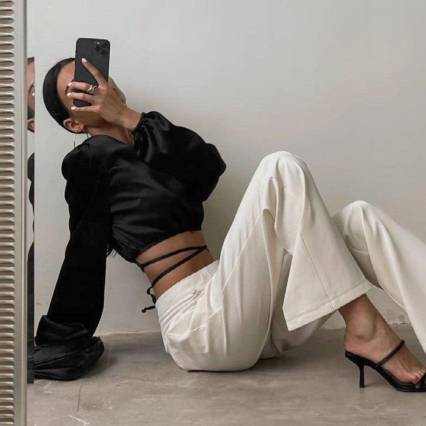 Haut satin col rond manches longues lanterne dos croisé - Chic&Shines