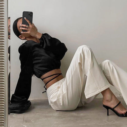 Haut satin col rond manches longues lanterne dos croisé - Chic&Shines