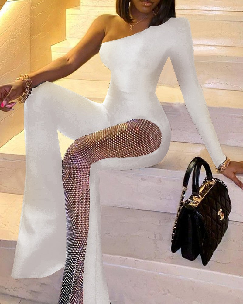 Combinaison pantalon à sequins une épaule manche longue - Chic&Shines