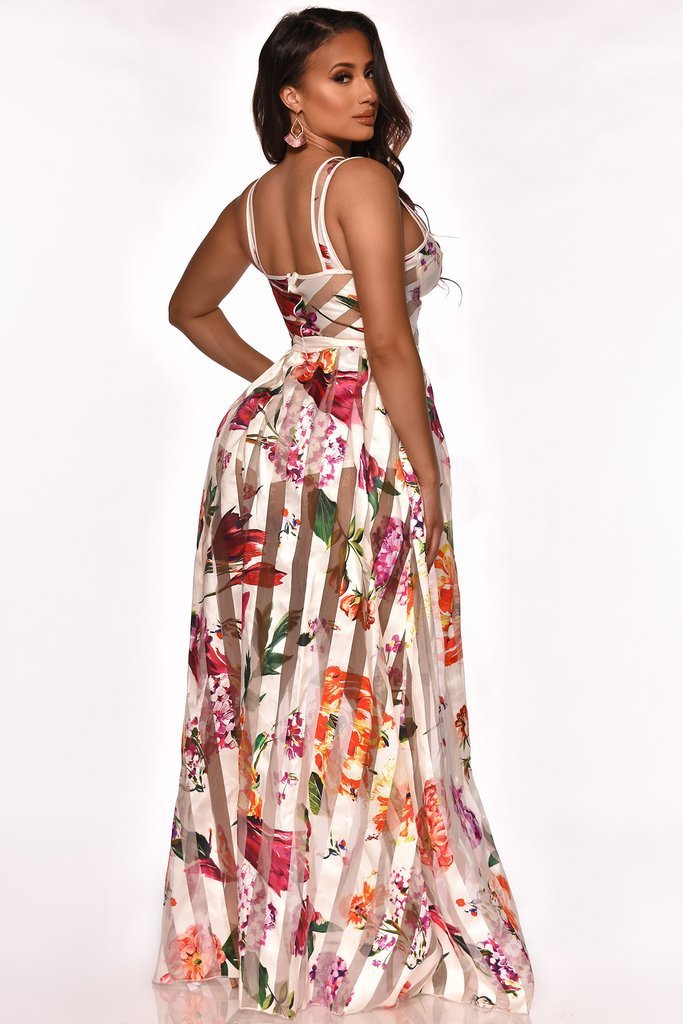 Robe longue à bretelle en maille transparente imprimé fleur - Chic&Shines