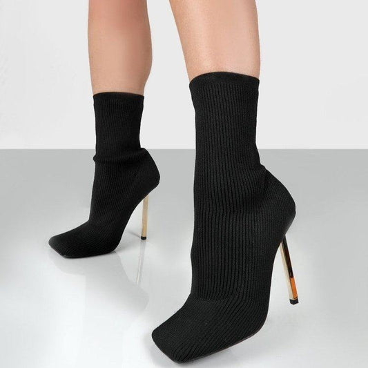 Bottes talon stiletto hauteur cheville bout carré tricoter élastique - Chic&Shines