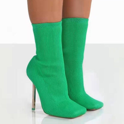 Bottes talon stiletto hauteur cheville bout carré tricoter élastique - Chic&Shines