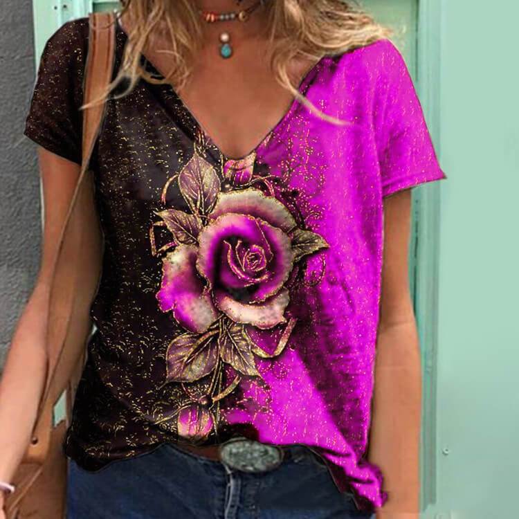t-shirt 3D Rose Imprimé Manches Courtes Ample