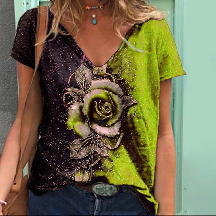 t-shirt 3D Rose Imprimé Manches Courtes Ample